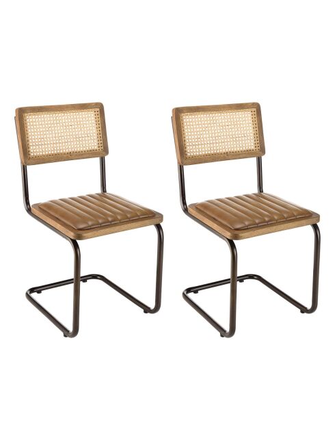 2 Chaises en Manguier assise matelassée en Cuir pieds rétro marron - 44x54x89 cm